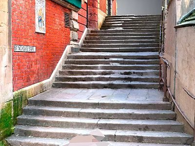 Historic Stone Stairs In Urban Alleyway With Red Brick Wall And Street Sign 3d model