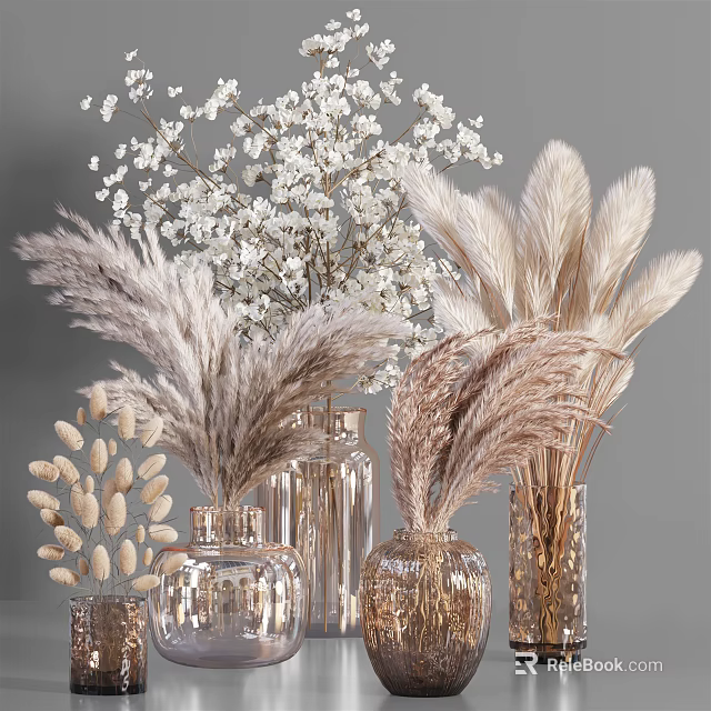 Decorative Transparent and Gold Vases with White Blossoms Pampas Grass and Seed Pods 3d model 
