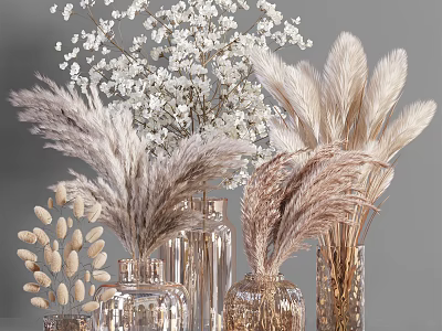 Decorative Transparent and Gold Vases with White Blossoms Pampas Grass and Seed Pods 3d model