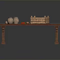 Rustic Wooden Table With Clay Jars Red Berries Nuts And Bread Crate