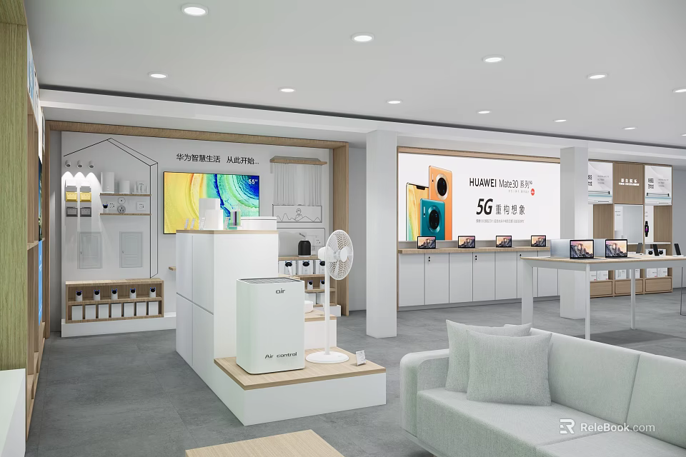 Modern Electronics Store Interior With Digital Product Displays Smartphones Laptops And Comfortable Seating 3d model 