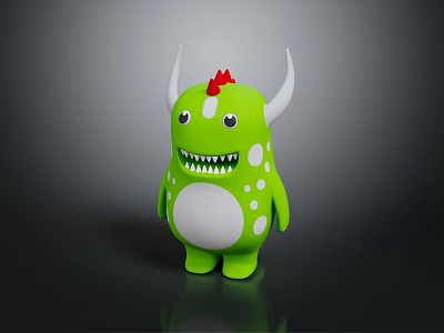 Cute Green Monster Game Character With White Horns Red Crest Big Eyes And Sharp Teeth 3d model