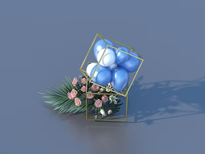 Decorative Golden Frame Cube Box With Blue Balloons Pink Flowers And Green Leaves 3d model