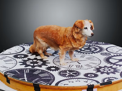 Brown Dog Standing On Circular Platform With Clock And Gear Patterns 3d model