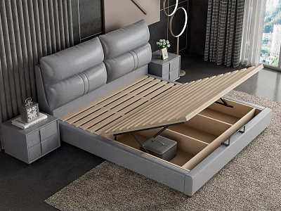 Modern Gray Double Bed With Upholstered Headboard And Lift Up Storage Design 3d model