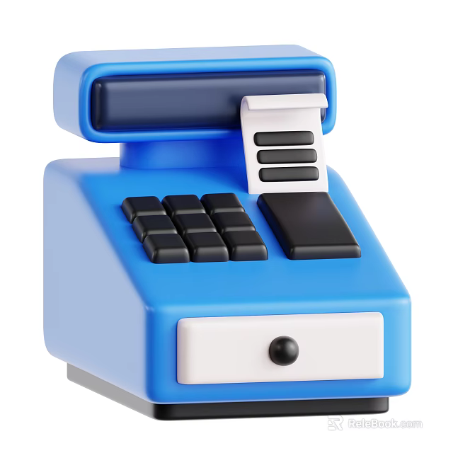 Smart Cash Register Machine With Blue Body Keyboard Receipt Printer And Cash Drawer 3d model 