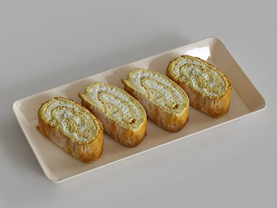 Four Sliced Rolled Food With Cream Filling And Golden Crust On Light Colored Rectangular Tray 3d model