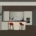Modern Kitchen Interior With Marble Island Countertop Cabinets Black Ovens Orange Stools And Potted Plant