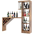 Wooden Wine Cabinet With Tilted Rack And Shelves For Bottles Glasses And Decanter
