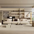 Modern Living Room Interior With Beige Sofa Coffee Table Wall Shelves And Art