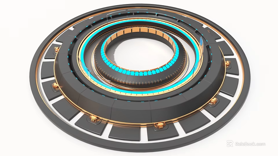 Industrial Rotating Bearing Part With Multi Layer Metal Construction Gold Black Design And Blue Lights 3d model 