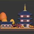 Traditional Asian Pagoda Building With Blue Roof And Orange Trees Around Red Bridge And Pond
