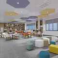 School Study Space With Long Wooden Tables Colorful Hexagonal Ceiling And Large Windows 3d model