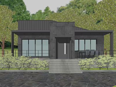 Modern Detached House With Black Exterior Large Windows Stone Paved Ground Surrounded by Trees 3d model