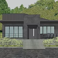 Modern Detached House With Black Exterior Large Windows Stone Paved Ground Surrounded by Trees