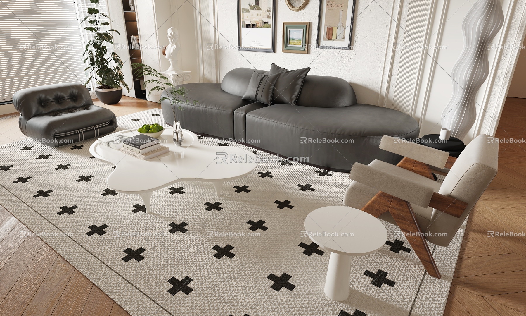 French Sofa Coffee Table Combination Three-Seat Sofa Leisure Chair Sofa Stool Coffee Table Side Table Carpet 3d model