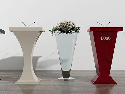 Functional Podium Designs in Beige and Red with Transparent Vase and Flower Arrangement and LOGO 3d model