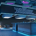 Modern Futuristic Bar Interior With Large Sculptural Installation Lighting Blue Sofas And Screens
