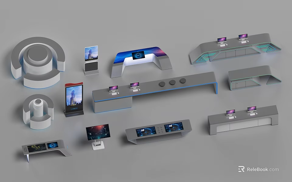 Modern Display Cabinets With Digital Screens And Various Contemporary Design Structures 3d model 