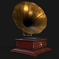 Vintage Daily Use Electrical Appliance Gramophone With Brass Horn Wooden Base And Vinyl Record
