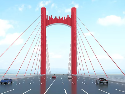 Red Tower Bridge With Cable Design Cars Driving on Deck Under Blue Sky White Clouds 3d model