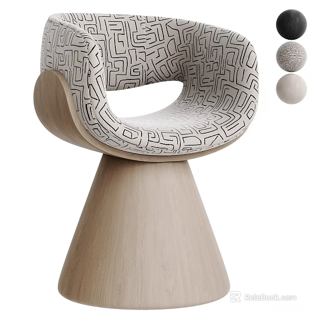 Modern Geometric Pattern Upholstered Leisure Chair With Smooth Light Natural Wood Conical Base For Home Decor 3d model 