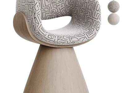 Modern Geometric Pattern Upholstered Leisure Chair With Smooth Light Natural Wood Conical Base For Home Decor 3d model