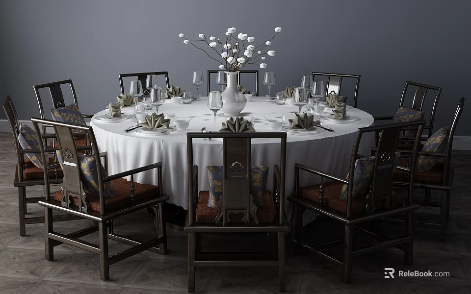 Elegant Round Dining Table Set With White Tablecloth Tableware And Dark Wooden Chairs 3d model