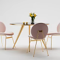 Stylish Round Black Table with Gold Legs and Pink Velvet Chairs Set