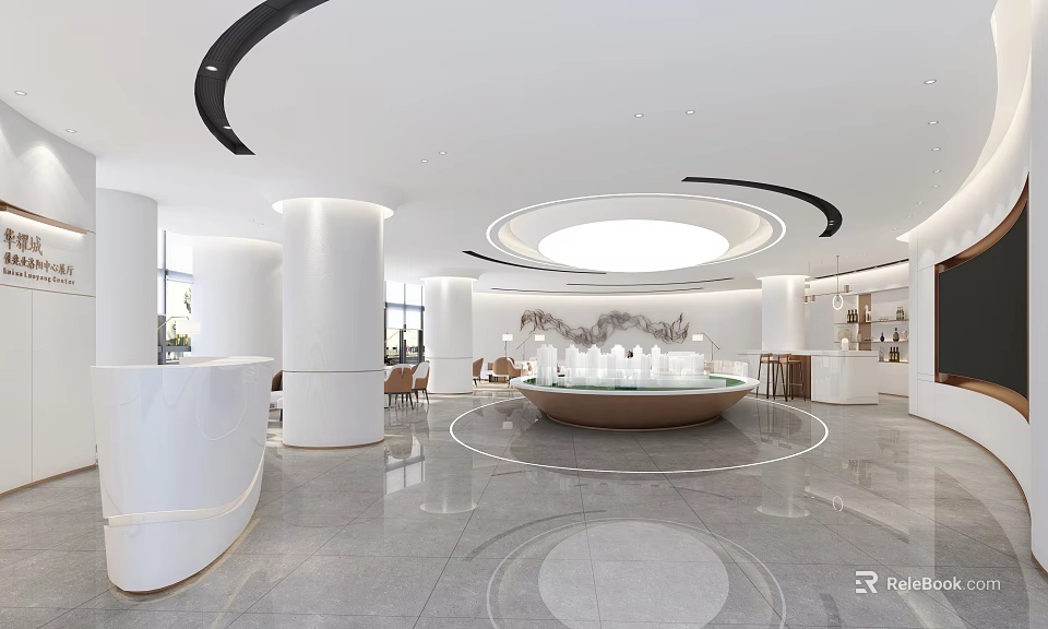 Elegant Modern Sales Office Interior With Circular Ceiling Marble Floor And Reception Desk Model 3d model 