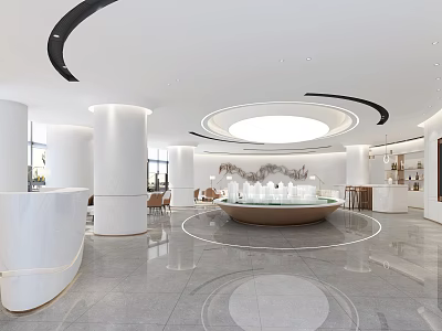 Elegant Modern Sales Office Interior With Circular Ceiling Marble Floor And Reception Desk Model 3d model