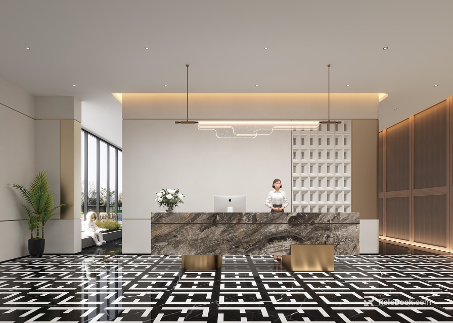 Modern Reception Area Design With Marble Counter Grid Backdrop Green Plant And Floor Tiles 3d model 