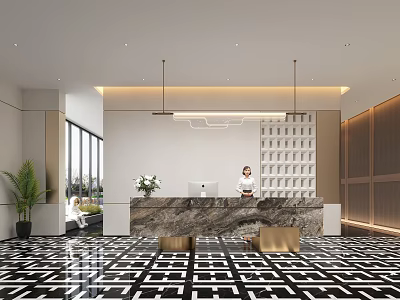 Modern Reception Area Design With Marble Counter Grid Backdrop Green Plant And Floor Tiles 3d model