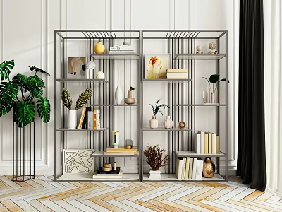 Modern Decorative Shelf Unit With Books Vases Artworks And Potted Plants Stylish Open Design 3d model