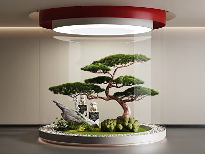 Decorative Miniature Garden Ornament With Bonsai Pine Rock Figurines Moss And Lighting In Transparent Case 3d model