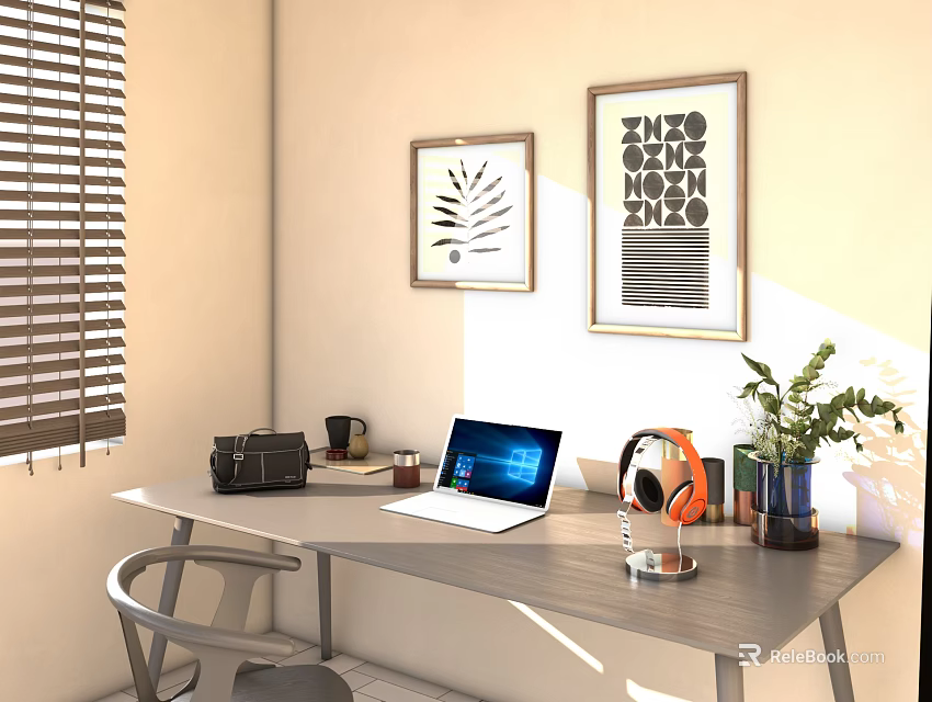 Modern Office Desk Setup With Laptop Headphones Plant Decorative Paintings And Blinds 3d model 