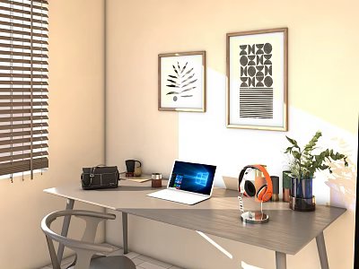 Modern Office Desk Setup With Laptop Headphones Plant Decorative Paintings And Blinds 3d model