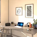 Modern Office Desk Setup With Laptop Headphones Plant Decorative Paintings And Blinds