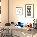 Office Table and Chair Matching and Laptop Briefcase Headset Tea Bucket Office Desk Green Plant 3d model