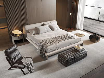Modern Double Bed with Soft Pillows and Cozy Blanket in Bedroom With Leather Chair Ottoman 3d model