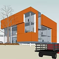 Modern Orange Two Storey Office Building With Large Glass Windows And Exterior View