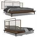 Modern Double Bed With Rattan Headboard Wooden Frame Gray And White Bedding Elegant Design