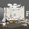 Kids Room Interior With Cloud Shaped Lamp Teepee Tent Stuffed Animals And Wall Decor
