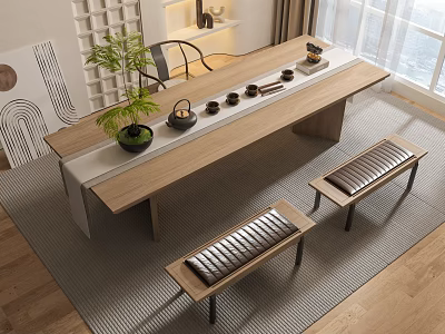 Modern Wooden Tea Table And Benches Set With Tea Sets Green Plant Near Window Interior 3d model