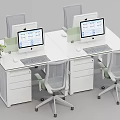 Modern White Office Desks with Computer Monitors Keyboards Mice Ergonomic Chairs and Storage Cabinets