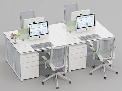 Modern White Office Desks with Computer Monitors Keyboards Mice Ergonomic Chairs and Storage Cabinets 3d model