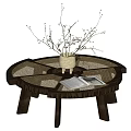 Round Wooden Coffee Table With Lattice Top White Vase And Open Magazine