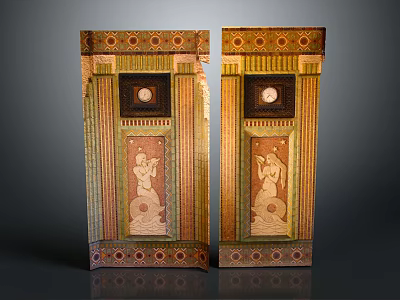 Symmetric Decorative Furniture Cabinets Featuring Figural Relief Geometric Patterns Circular Motifs And Golden Brown Tones 3d model