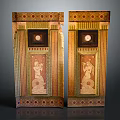 Symmetric Decorative Furniture Cabinets Featuring Figural Relief Geometric Patterns Circular Motifs And Golden Brown Tones