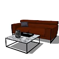 Brown Double Sofa with Dark Cushion and Marble Coffee Table Featuring Decorative Vase 3d model